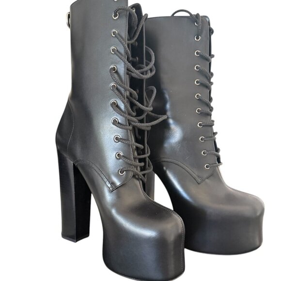 Yves Saint Laurent Shoes - YSL Saint Laurent 690765 Women's Mina 95 Black Platform Leather Boots sz 38.5